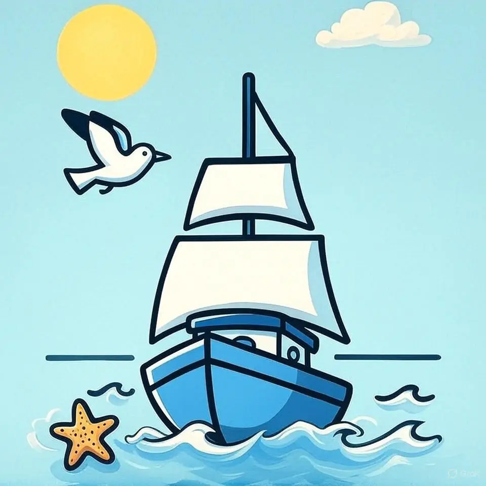 Sailboat gliding on calm waters under a bright sun, with a seagull flying above and a starfish in the foreground. Perfect for nautical themes.