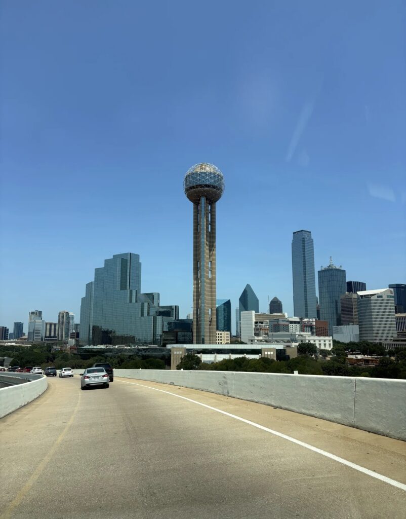Dallas skyline view of Reunion Tower from the highway