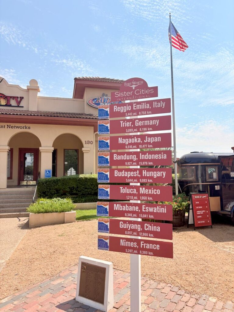 a sign with different city names